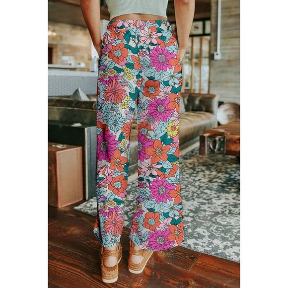 Azura Exchange  Multicolor Flower Print Pocketed Drawstring Waist Wide Leg Pants - Picture 2 of 7
